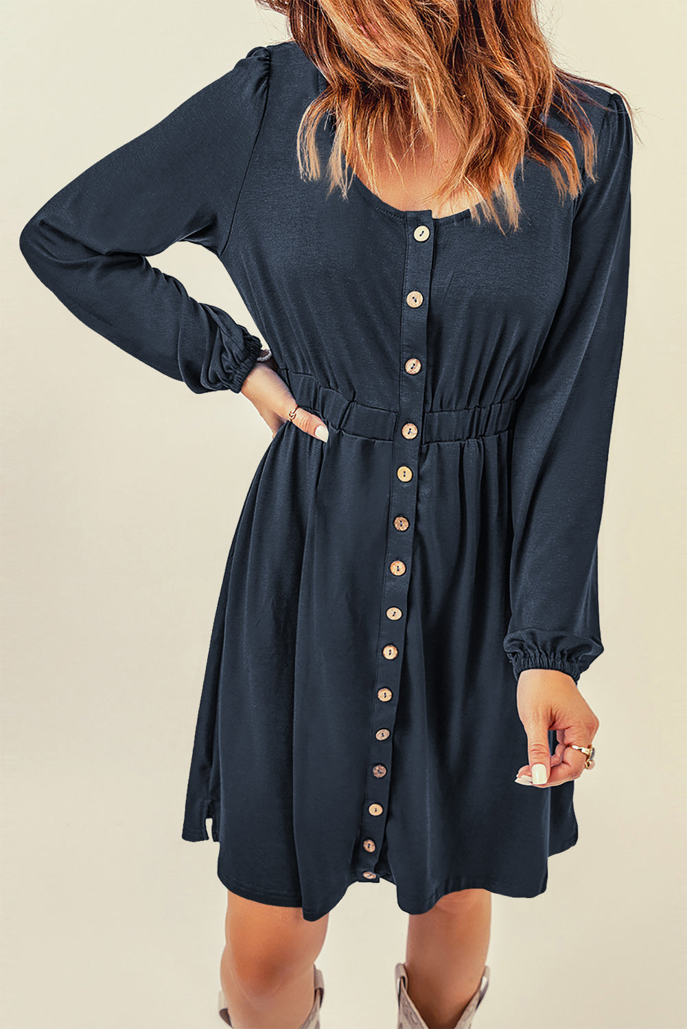 Button Down Long Sleeve Dress with Pockets