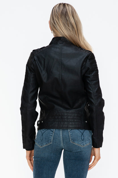 Snobbish PU Leather Biker Jacket with Side Zip Pockets