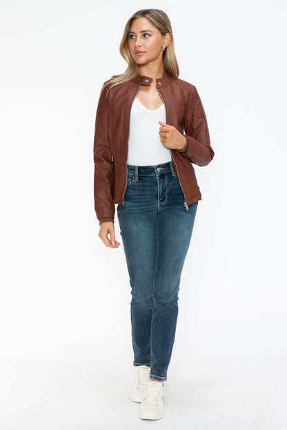 Snobbish Faux Leather Biker Jacket with Side Zip Pockets