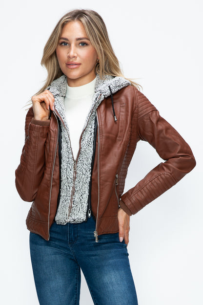 YMI Faux Layered Double-Zipper Jacket with Fuzzy Hood