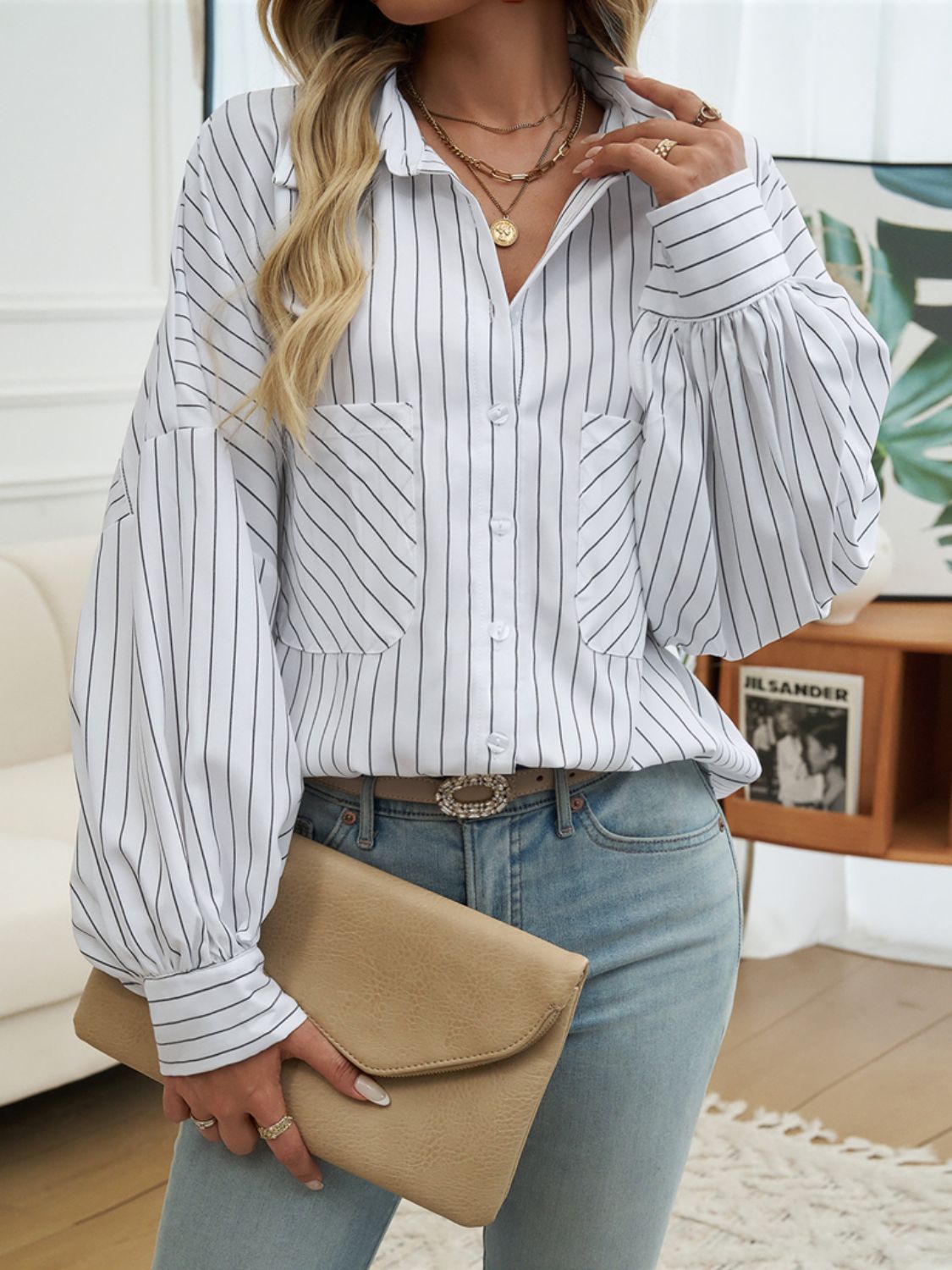 Striped Collared Neck Long Sleeve Shirt