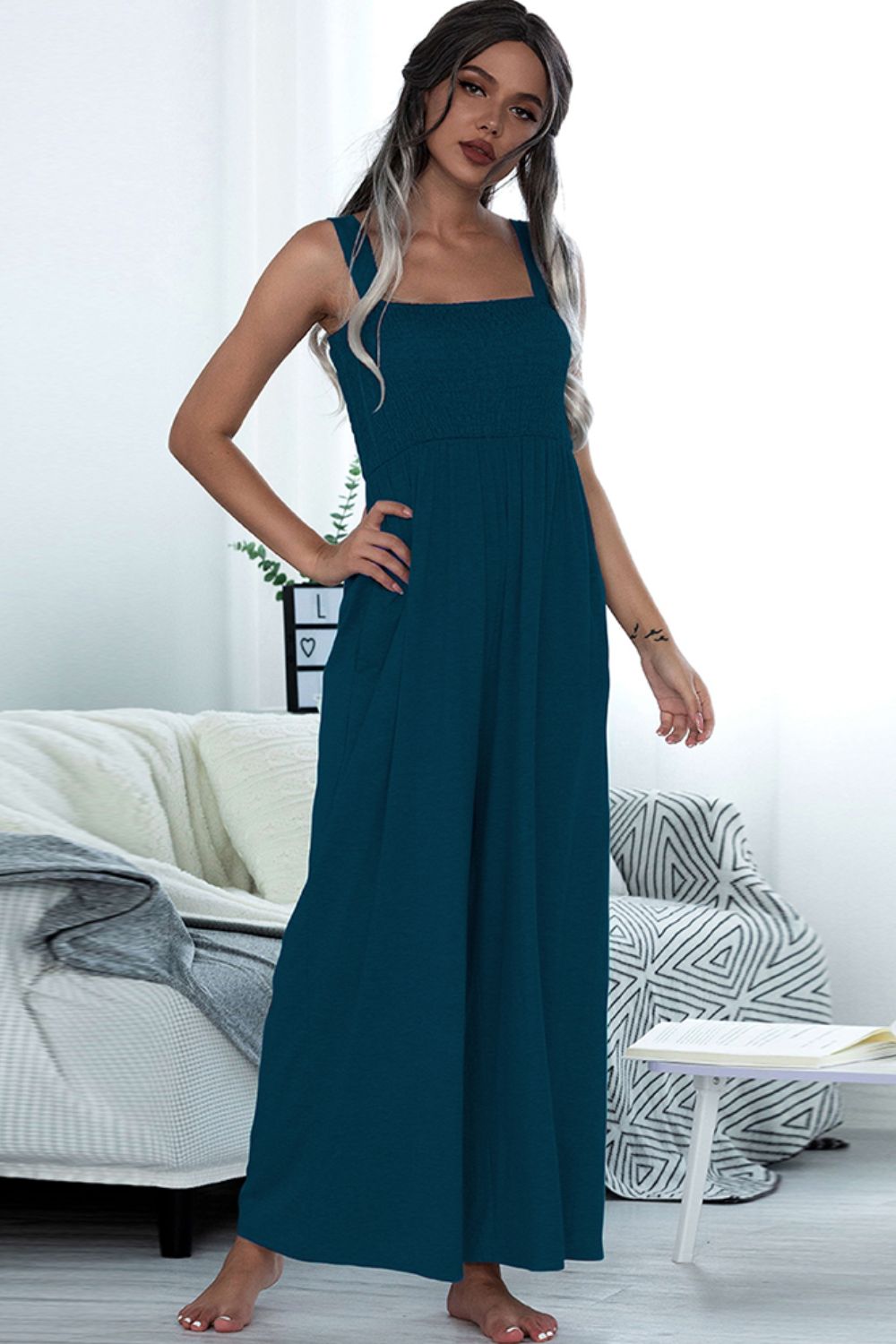 Square Neck Sleeveless Pocket Jumpsuit