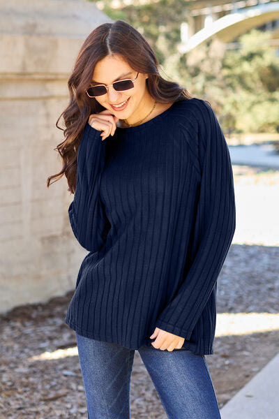 Basic Bae Full Size Ribbed Round Neck Long Sleeve Knit Top