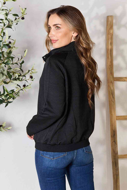 Double Take Half Buttoned Collared Neck Sweatshirt with Pocket