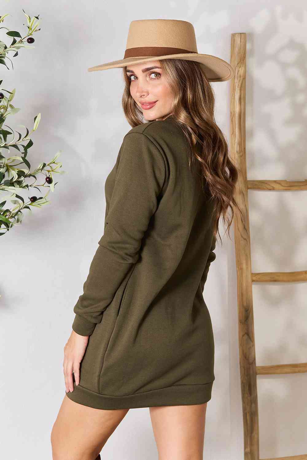 Double Take Round Neck Long Sleeve Mini Dress with Pockets