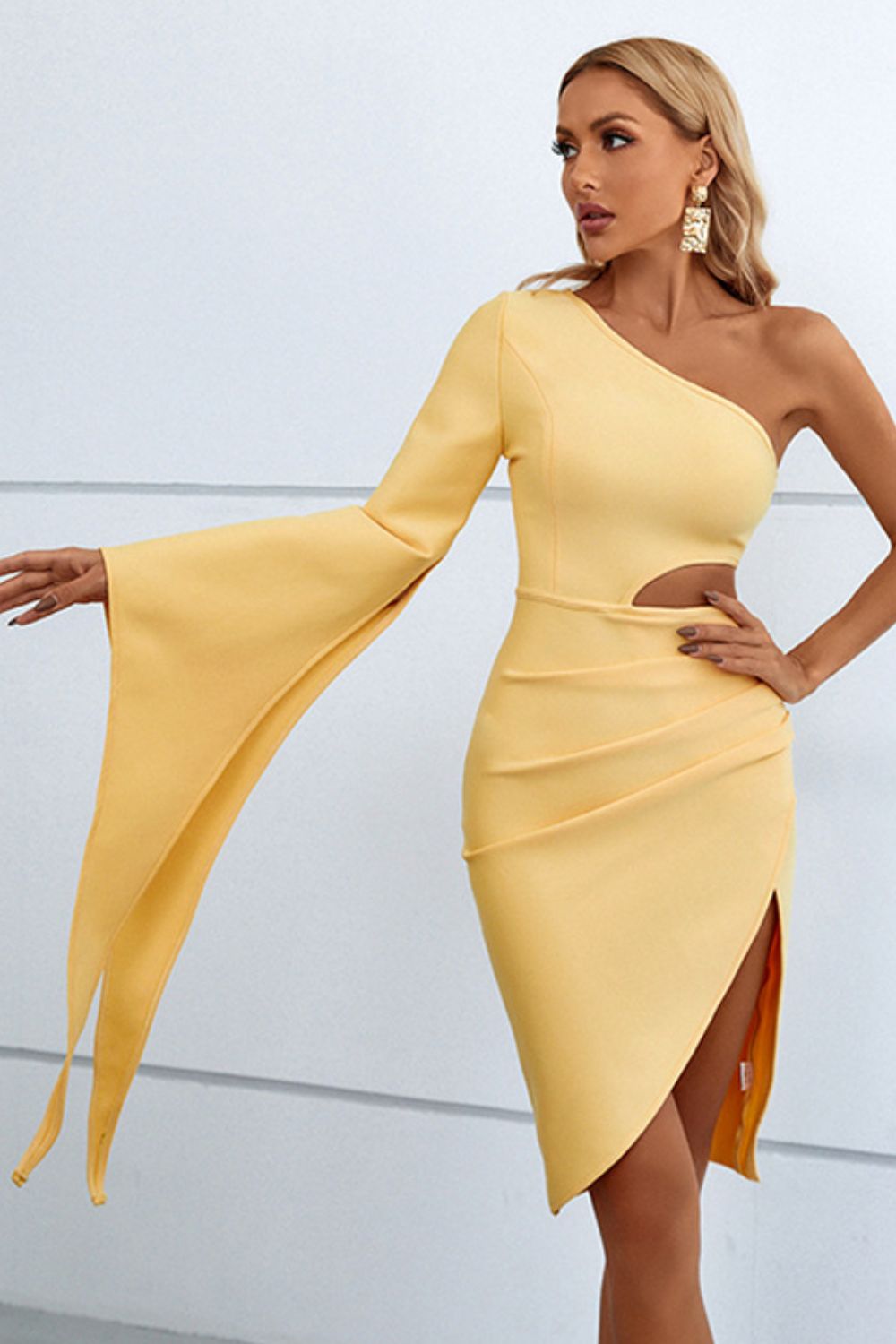 Cutout Split Flare Sleeve One-Shoulder Dress