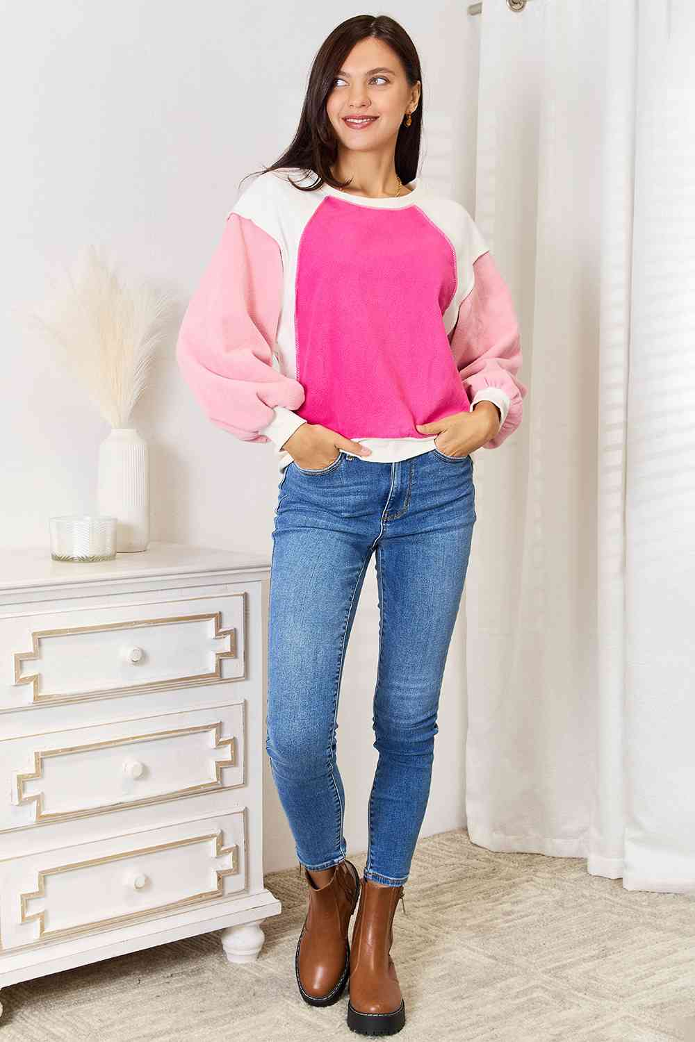 Double Take Color Block Dropped Shoulder Sweatshirt