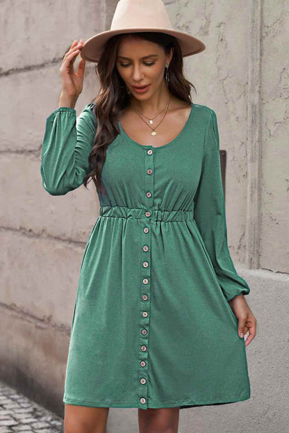 Plus Size Button Front Elastic Waist Long Sleeve Dress