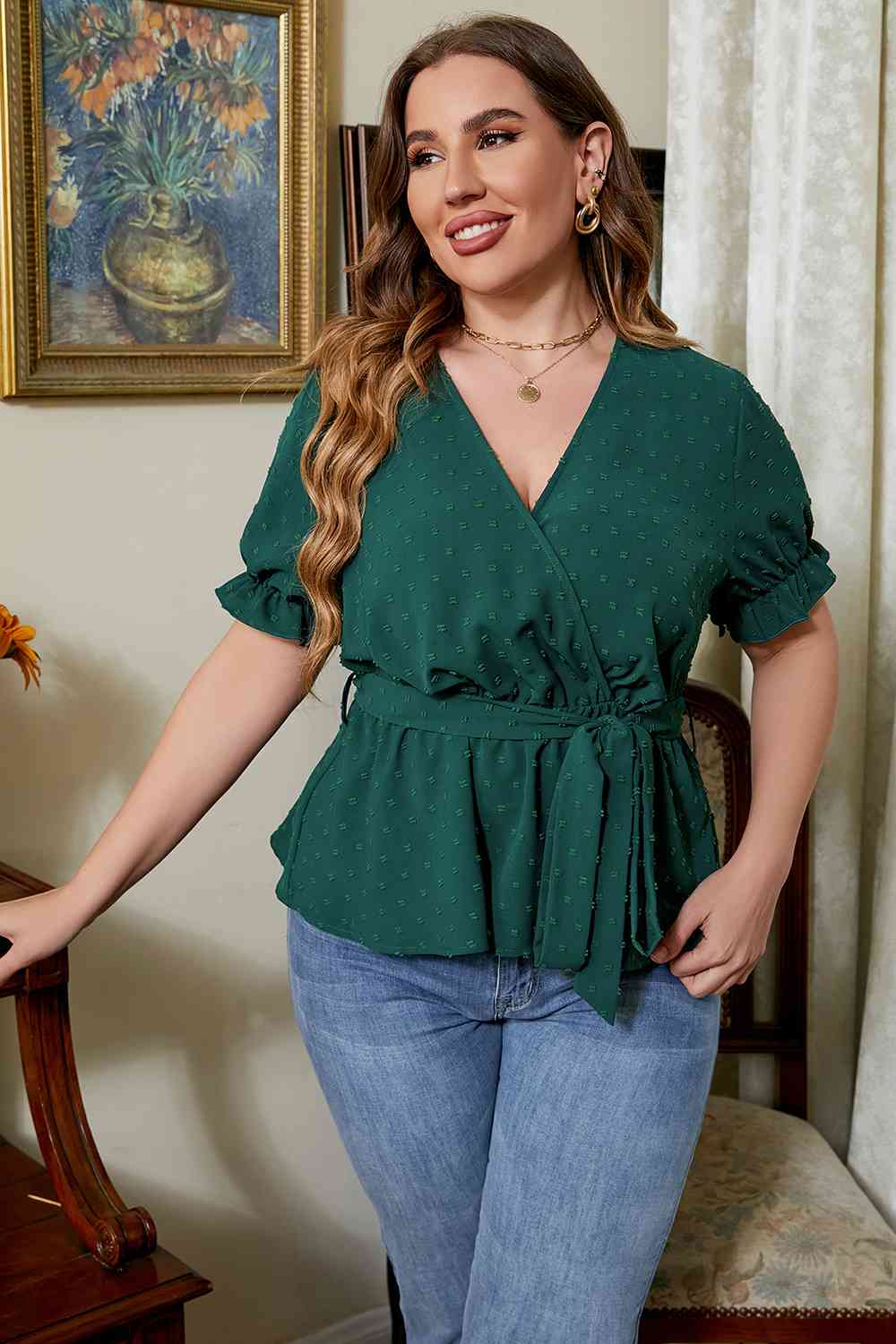 Plus Size Surplice Neck Tie Waist Blouse