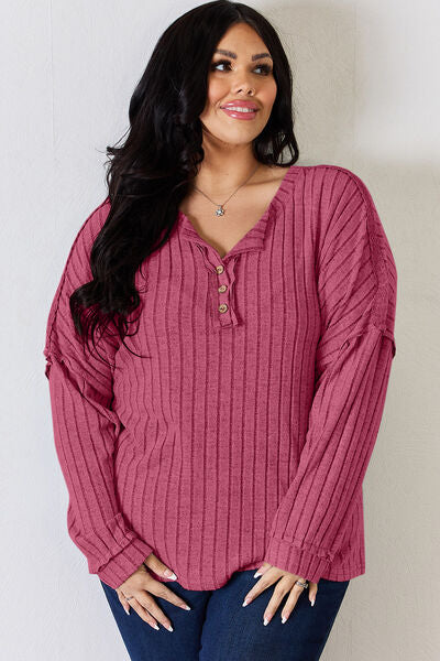 Basic Bae Full Size Ribbed Half Button Long Sleeve T-Shirt