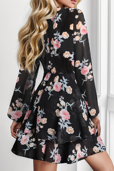 Printed Surplice Balloon Sleeve Mini Dress