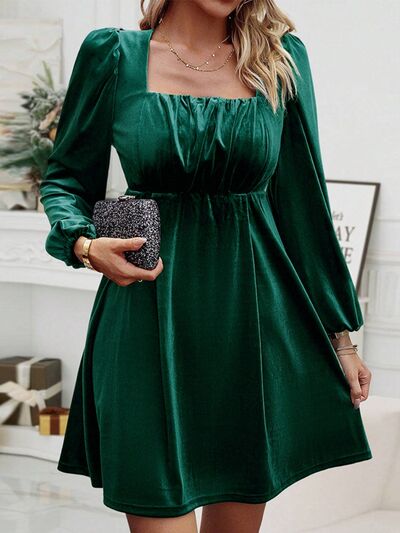 Ruched Square Neck Balloon Sleeve Dress