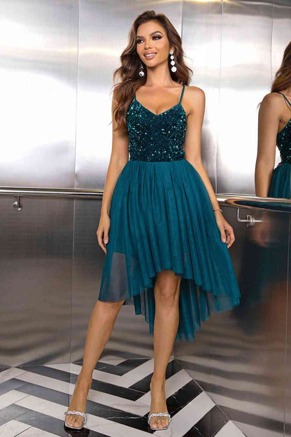 Sequin Spaghetti Strap High-Low Dress