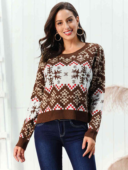 Snowflake Pattern Round Neck Sweater