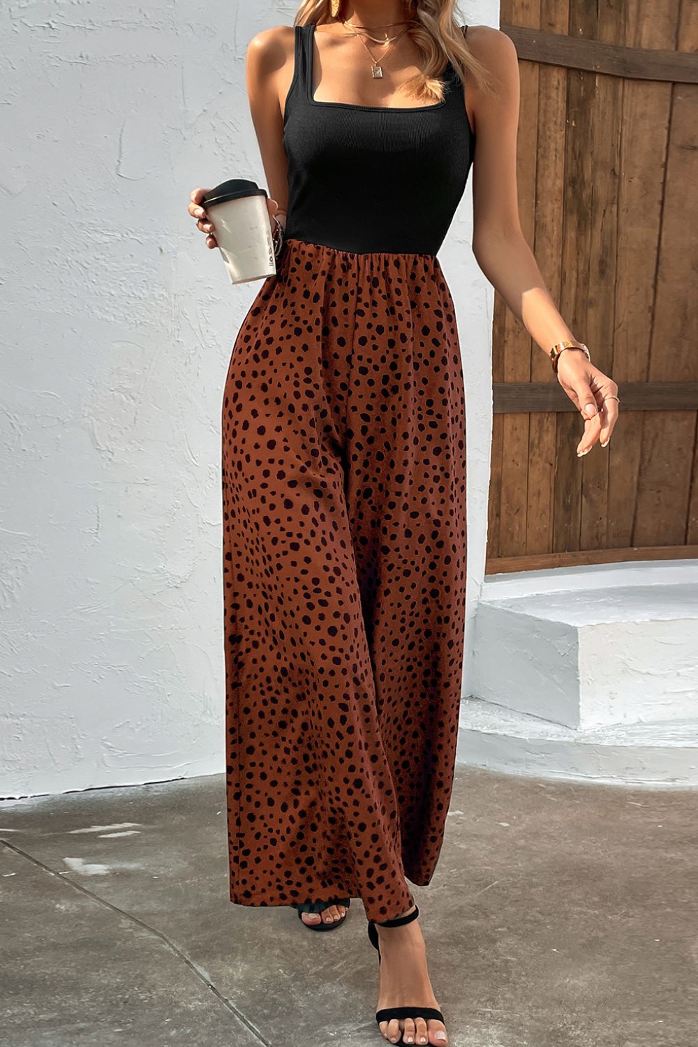 Two-Tone Square Neck Wide Leg Jumpsuit