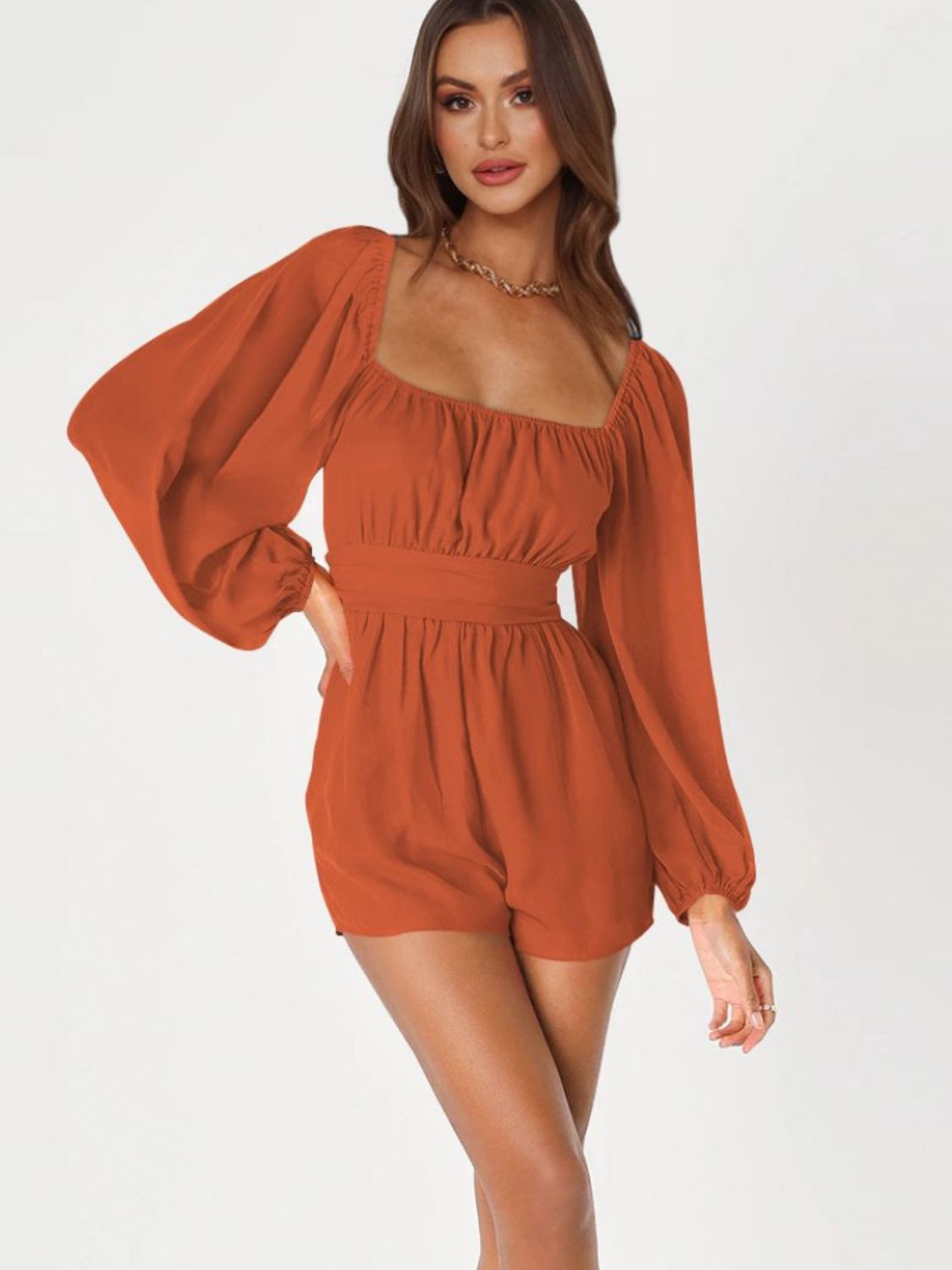 Tie Back Smocked Balloon Sleeve Romper