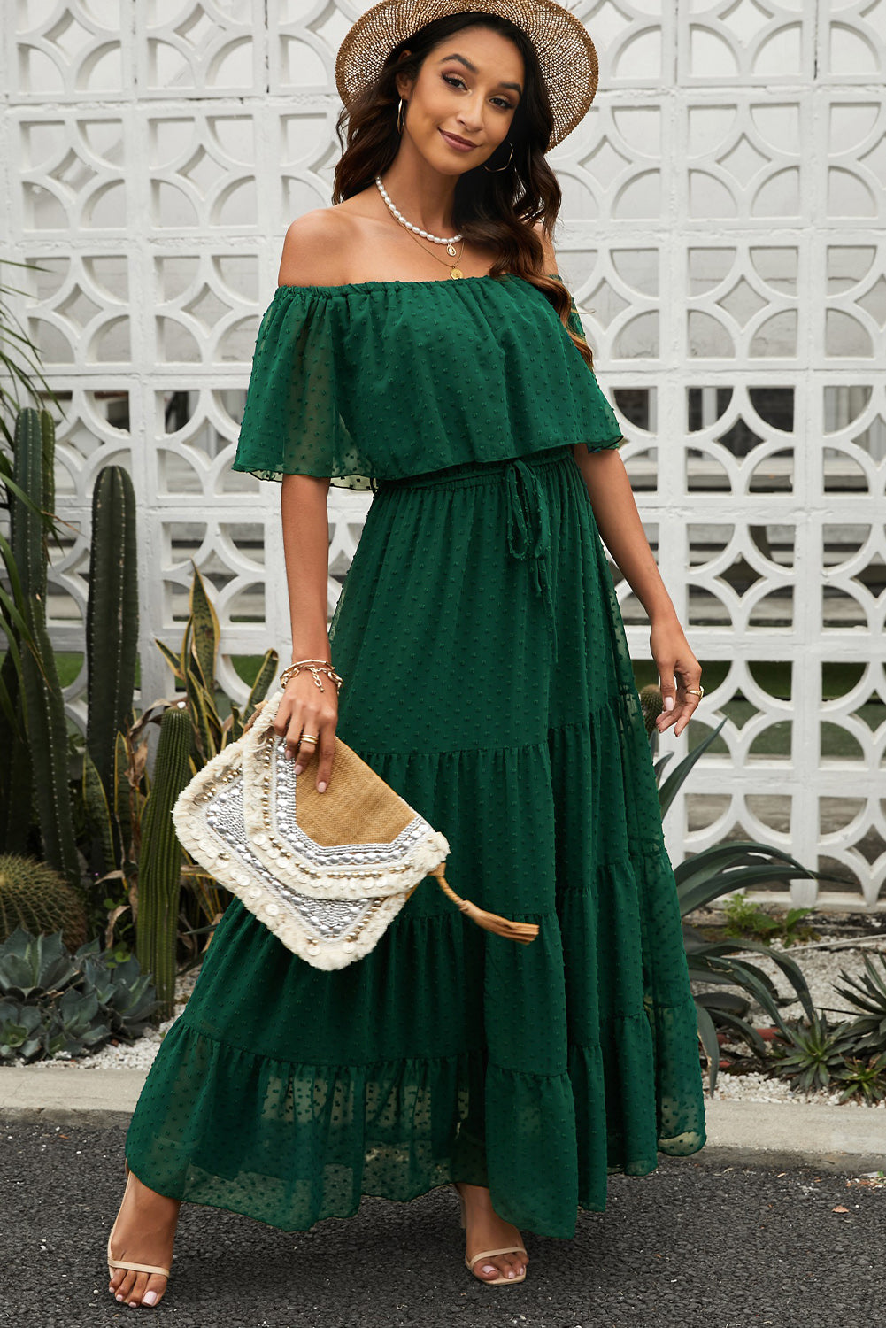 Swiss Dot Off-Shoulder Tiered Maxi Dress Sassy Fashion Haus Swiss Dot Off-Shoulder Tiered Maxi Dress Sassy Fashion Haus