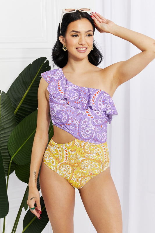 Marina West Swim Vitamin Sea Asymmetric Cutout Ruffle Swimsuit in Lavender