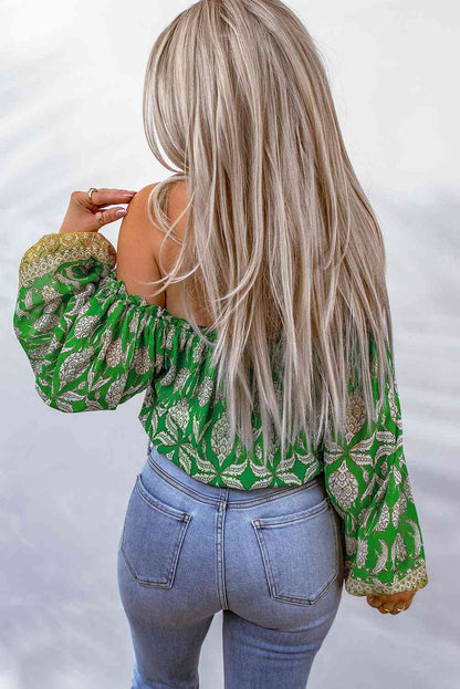 Printed Tassel Tie Balloon Sleeve Blouse